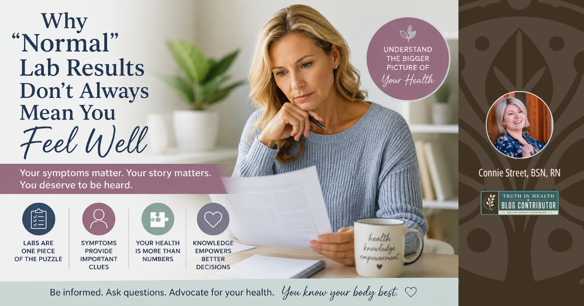 Woman reviewing lab results while learning that normal laboratory values do not always explain symptoms such as fatigue, brain fog, and poor sleep.